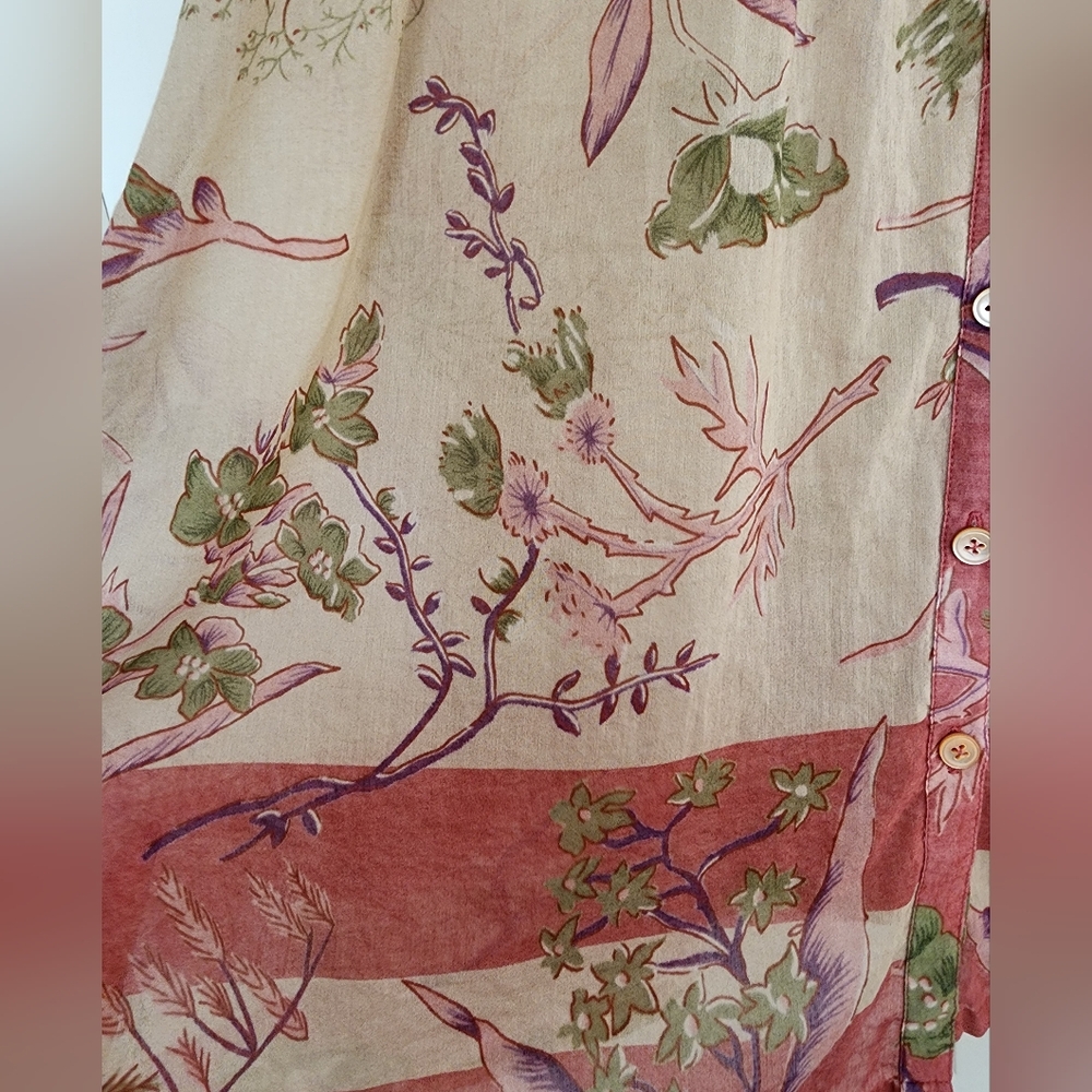 DONNA KARAN Tan Red Cotton Silk Floral Print Long Sleeve Tunic Blouse SZ Small - Picture 4 of 8